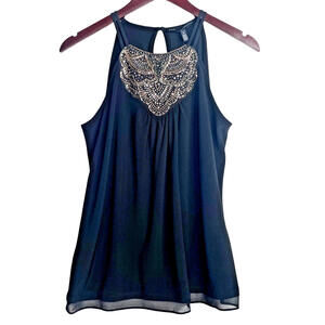 WHBM Beaded Halter Top Black Small‎ Sleeveless Stretchy White House Black Market